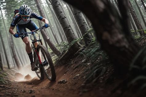 Premium AI Image | A mountain biker rides through a forest with trees ...