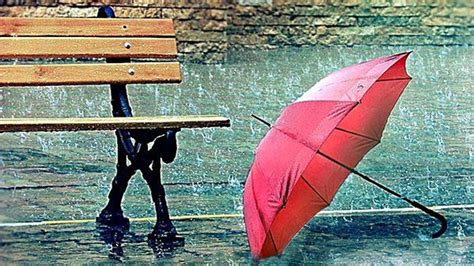 Red umbrella near a bench - Rainy day Wallpaper Download 1920x1080