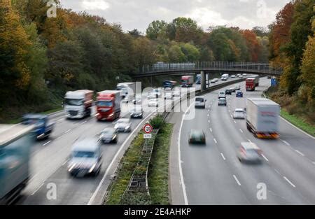 Many trucks drive on the A2 motorway, Bottrop, Ruhr area, North Rhine ...