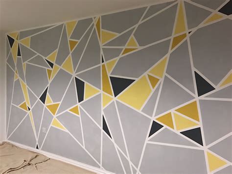 Geometric Yellow and Grey Wall Painting with Masking Tape