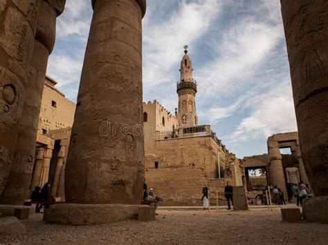 Luxor temple inside with pillars and mosque. The interior hall of luxor ...