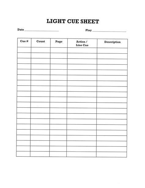 Simple lighting cue sheet for students. | Cue sheet, Technical theatre, Cue