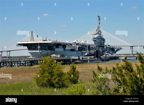 USS Yorktown museum Aircraft Carrier ship at city of Mount Pleasant at historic Charleston South ...