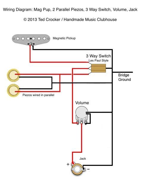 wiring diagram - mag, 2 piezo, 3 way, vol, jack | Cigar box guitar plans, Cigar box guitar, Box ...