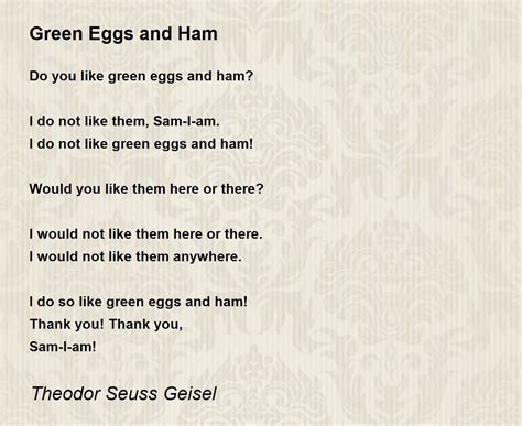 Green Eggs and Ham - Green Eggs and Ham Poem by Theodor Seuss Geisel