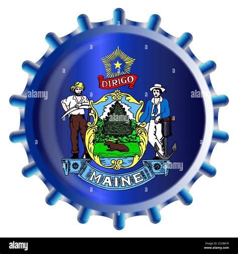 A typical metal glass bottle cap in Maine state flag colors isolated on ...