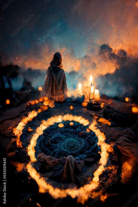 Horror witch ritual with fire circle and burning fire, Digital art. Witchcraft and summoning ...