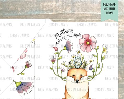 Mother's Day Card DIY Printable Card Watercolor Floral Fox Card for Mom ...