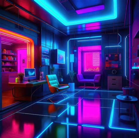 Premium AI Image | The interior of the room in the style of cyberpunk neon light