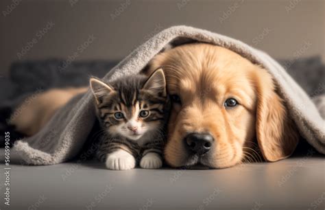 Friendship of puppy and kitten - golden retriever puppy and kitten ...