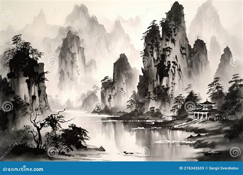 A Landscape Painting in the Traditional Chinese Style, Ink Washes, Depicting Mountains and a ...