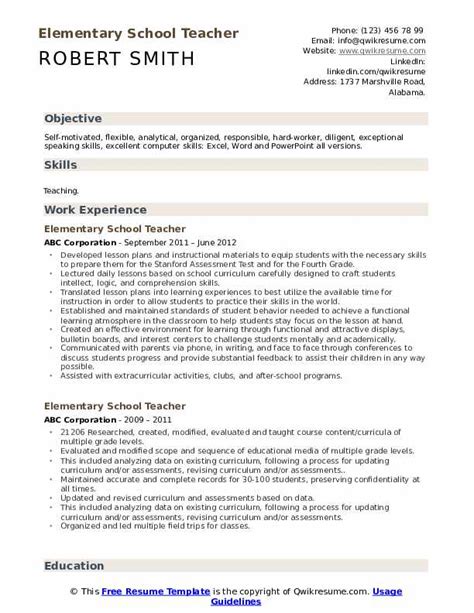 Elementary School Teacher Resume Samples | QwikResume