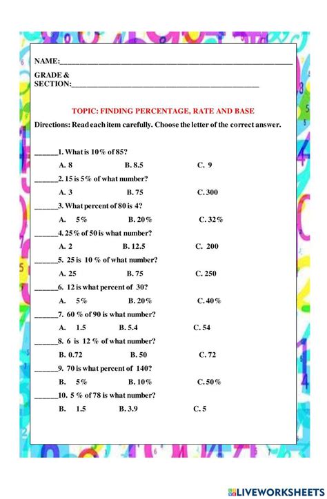 Finding percentage, rate & base worksheet | Live Worksheets - Worksheets Library