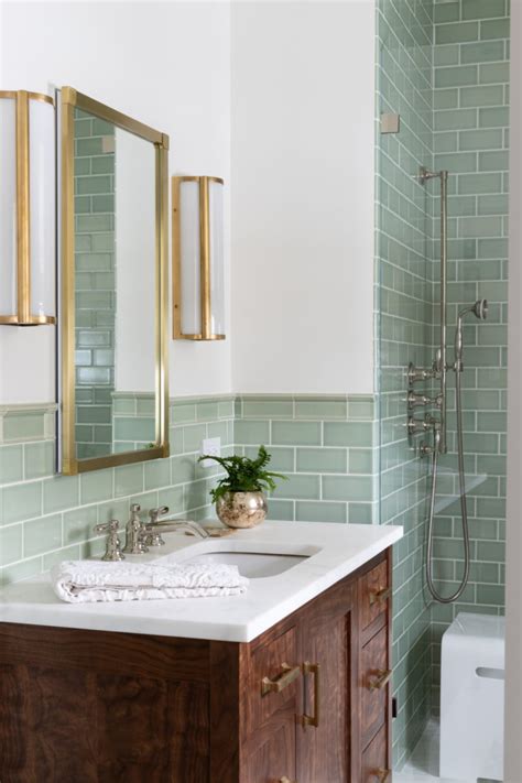 Green Bathroom Tiles with Handmade Tile Trim