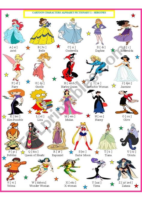 Cartoon Characters Pictionary - Heroines 1 - ESL worksheet by INNAina