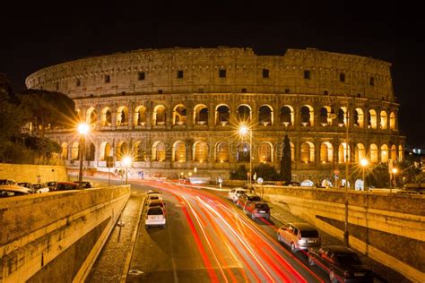 Colosseum at Night with Colorful Blurred Traffic Lights Stock Image - Image of antique ...