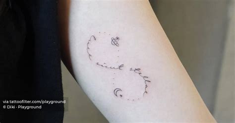 "Luce sicut stellae" infinity lettering tattooed on the