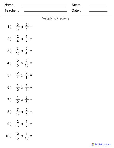 Multiplication Fractions Worksheets