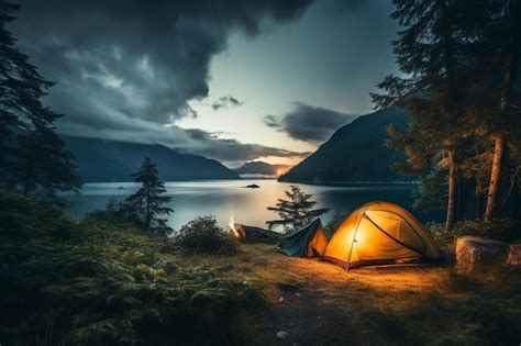 Camping by the lake at night | Premium AI-generated image