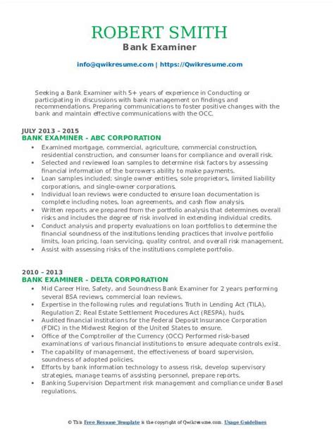 Bank Examiner Resume Samples | QwikResume