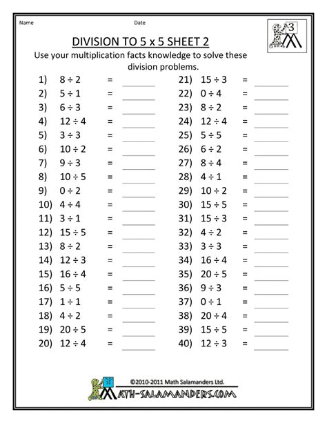 Division Table Worksheets