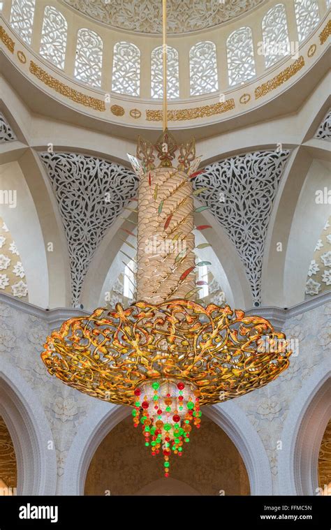 Interior of Sheikh Zayed Grand Mosque showing large ornate chandelier in Abu Dhabi United Arab ...