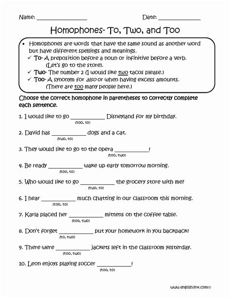 50 To Too Two Worksheet