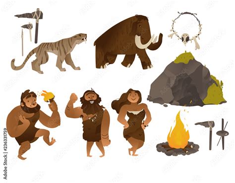 Stone age vector illustration set with various ancient people and tools ...