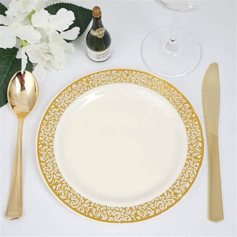 Efavormart 50 Pcs - Gold Trimmed Round Disposable Plastic Plate Dinner ...