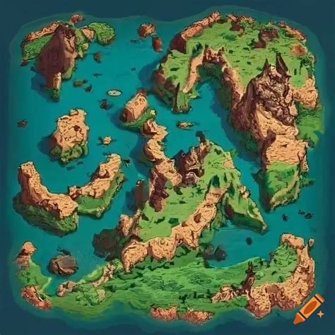 Pixel art map of a dungeons and dragons continent on Craiyon