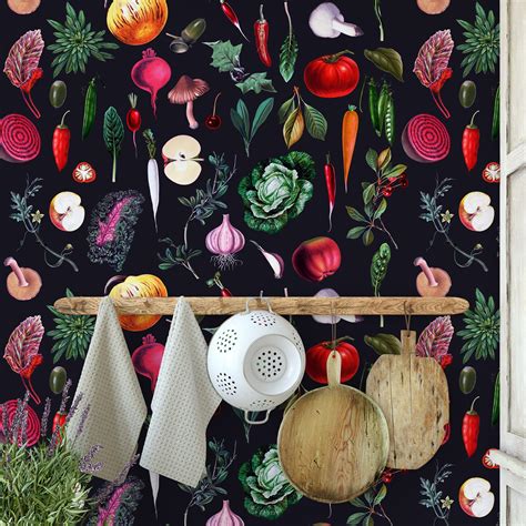 Vintage Vegetables Kitchen Wallpaper, Retro Kitchen Veggie Wall decor, Farmhouse Wall Art