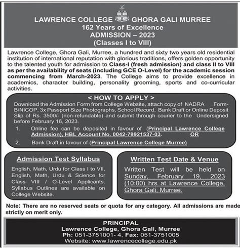 Lawrence College Murree Admissions 2023 Form Download