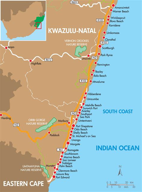 Map of towns along the Kwazulu Natal South Coast - up to the Port ...