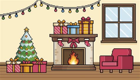 Premium Vector | Pixel art living room with fireplace, christmas tree and armchair background ...