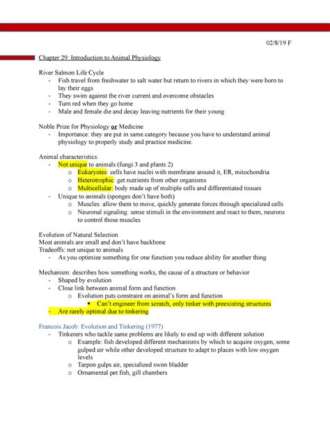 Animal physiology - Lecture notes 1-4 - 02/8/19 F Chapter 29 ...