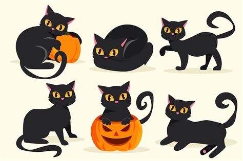 Colección de gatos negros de halloween en diseño plano | Vector Gratis