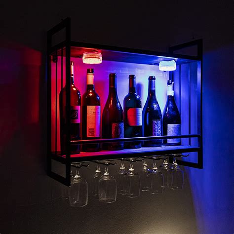 LED Wine Rack Wall Mounted , Wine Bottle Stemware Rack, 23.6In Rustic Metal Hanging Wine Holder ...