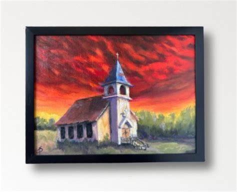 Abandoned Church ORIGINAL Oil Painting, Dramatic Red Sky, 9x12 Panel by ...