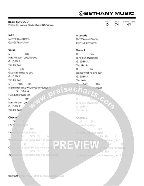 Been So Good Chords PDF (Bethany Music / BJ Putnam) - PraiseCharts