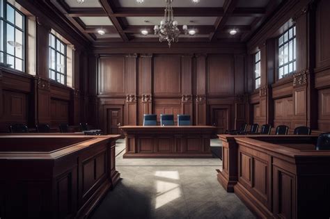 Premium Photo | A court room with a wooden table and a judge's chair.