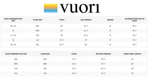 Vuori Size Chart - Saint Bernard