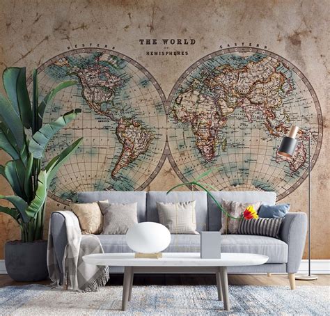 Vintage World Map Wallpaper Vintage Wallposter Educational Mural Peel and Stick Home Decor ...