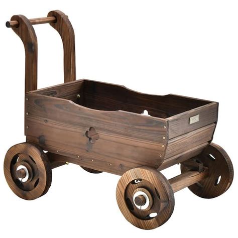 ANGELES HOME Rustic Brown Decorative Wooden Wagon Cart with Handle Wheels and Drainage Hole ...