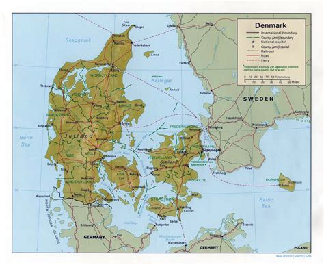 Large political and administrative map of Denmark with relief, roads ...