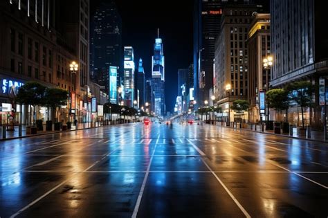 Premium AI Image | an empty city street at night with buildings in the background