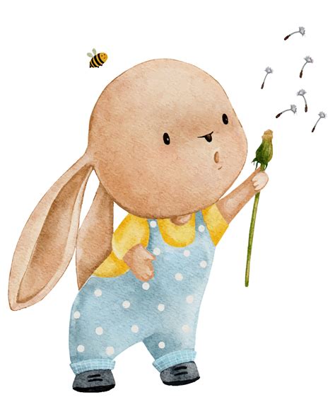 Cute Rabbit blowing dandelion flower water colour hand paint,Cartoon Bunny,Hare character ...