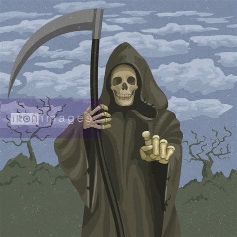 Stock illustration of Grim reaper holding scythe and pointing | Ikon Images