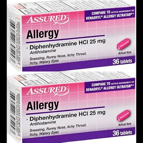 2 Lots Assured Allergy Diphenhydramine HCl 25 mg Antihistamine, 36-ct. Tablets Each - Walmart ...