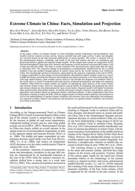 Extreme Climate in China: Facts, Simulation and Projection - Meteorologische Zeitschrift Vol. 21 ...