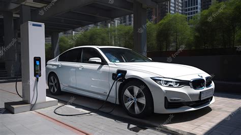 Premium Photo | A white bmw is charging at a charging station.